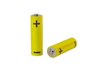 AA batteries, yellow cylinder alkaline with plus and minus isolated on white background