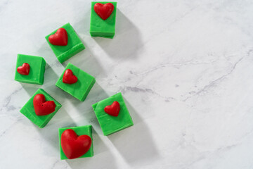 Green fudge with red hearts