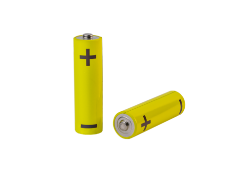 AA batteries, yellow cylinder alkaline with plus and minus isolated on white background