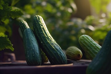 Close Up of a bunch of fresh cucumbers with light coming from above. Generative AI
