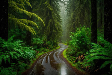 Fototapeta premium a wet earthy road in the forest with green trees. Generative AI