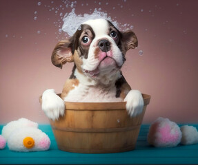 puppy dog in tub with foam, dog taking a bath, AI-generated illustration
