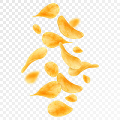 Naklejka na ściany i meble Flying and falling crispy potato chips realistic vector background. Thin crunchy slices of fried potato vegetable with salt and spices 3d backdrop of fast food snacks and crisps