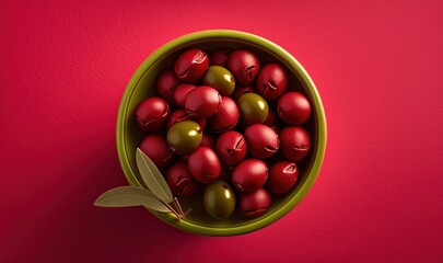  a green bowl filled with red and green ornaments on a red surface with a green leaf on top of the bowl and a red wall in the background.  generative ai
