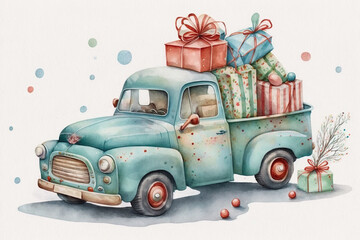 Vintage truck loaded with Christmas presents watercolor, Generative AI