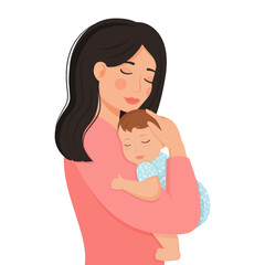 Young mother holds her son with care and love. Happy Mothers Day concept with mom and small boy. Vector illustration. Modern flat style