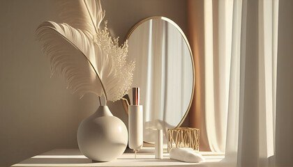 Empty modern, minimal and luxury cream dressing table top, vase of pampas, round mirror, curtain in white wall bedroom with sunlight, cosmetic product display background generative IA
