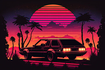 80s style car driving into sunset , generative artificial intelligence 