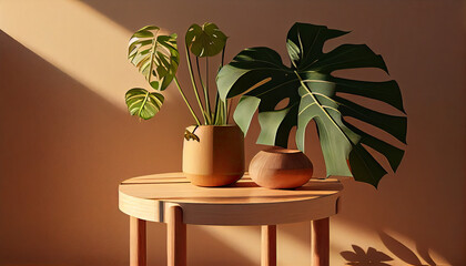 Wooden round side table with green tropical plant leaf and beautiful sun light and shadow on beige wall generative AI 