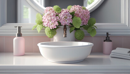 Realistic 3D render close up top view elegant bathroom vanity countertop with white ceramic wash basin and faucet generative IA 