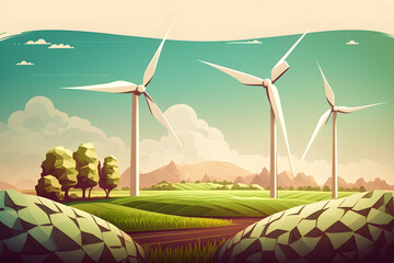 Wind turbines in the field, renewable energy concept, eco friendly environment, earth day. Ai generated.