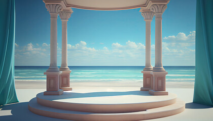 3D background, empty podium for a commercial, by a paradise beach generative AI 