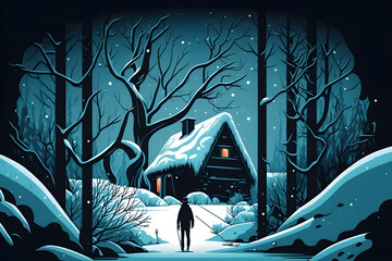 Winter concept illustration with snowy weather, houses and human figure in the foreground. Generative AI