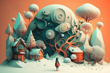 Winter concept illustration with snowy trees and houses. Generative AI