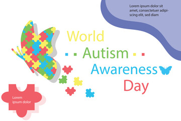 World Autism Awareness Day. Flat design illustration template for brochures, social media campaign, articles, greetings. Butterfly with colorful puzzle.