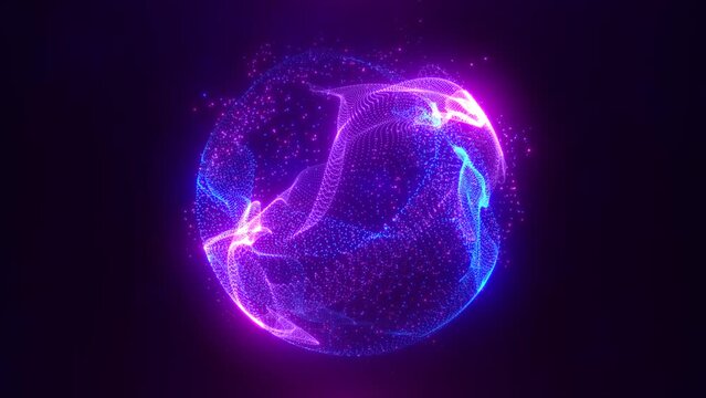 Abstract purple looped energy sphere of particles and waves of magical glowing on a dark background, video 4k