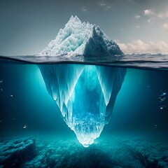 Tip of an iceberg in a icy sea seen from over and under the water. Generative AI - obrazy, fototapety, plakaty