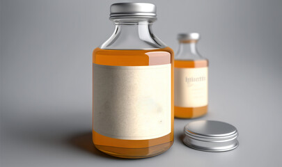  a bottle of liquid sitting next to another bottle of liquid on a gray surface with a silver cap on the side of the bottle and a silver lid.  generative ai
