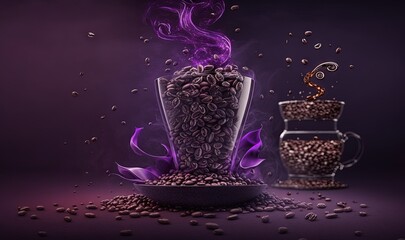  a blender filled with coffee beans and a purple smoke coming out of the top of it's container and a glass of coffee beans next to it.  generative ai