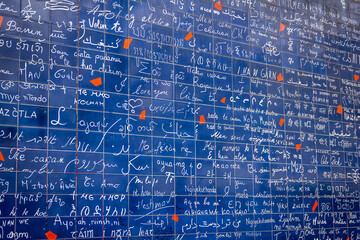 Wall in Montmartre where 'I love you' is written in many international languages, Paris , France