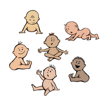 Six cute babies of different nations with different emotions. In cartoon doodle style. Isolated on white background
