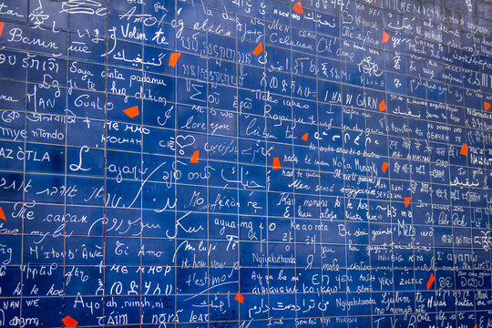 Wall in Montmartre where 'I love you' is written in many international languages, Paris , France