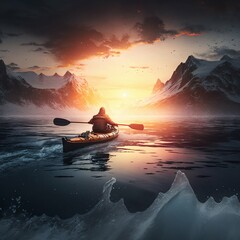 Naklejka na ściany i meble Kayaker on kayak boat in Antarctica. Generative AI