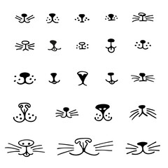 Big set of animal noses. Cute and funny sketched face of cat, dog, rabbit. Hand drawn vector for pet shop logo, animal care and posters.