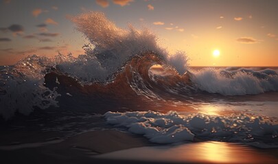  a painting of a sunset over the ocean with a wave coming towards the shore and the sun setting in the distance behind the ocean wave.  generative ai