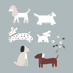 Set of cute cartoon dogs. Childish graphic. Vector hand drawn illustration.