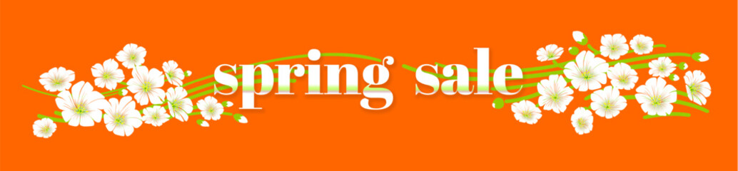 on a bright orange background, white spring flowers and the text "spring sale"