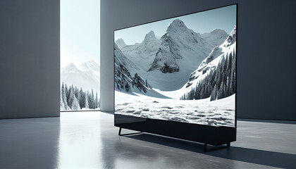 Mountain landscape with modern design featuring snowy peaks scene in tv ,generative AI