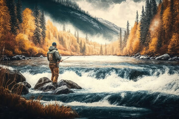 Man fishing on a wild river in the mountains in autumn. Illustration. Generative AI