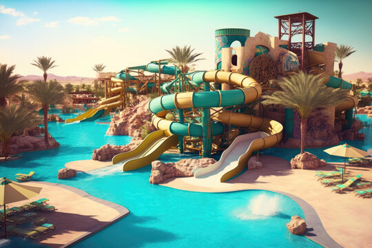 aqua park on vacation travel country. Turkey or Egypt. many water slides at the pool. sunny warm weather. Generative AI
