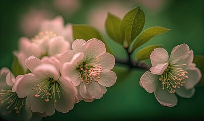  a close up of a flower on a branch with green leaves on a green background with a blurry image of a branch with pink flowers.  generative ai