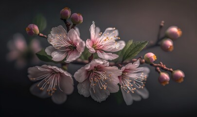  a close up of a flower on a branch with leaves and buds on a dark background with a soft focus on the center part of the flower.  generative ai