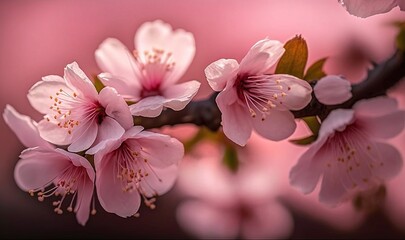  a branch of a cherry tree with pink flowers on it's branches and a pink background with a pink sky in the background and a pink sky.  generative ai
