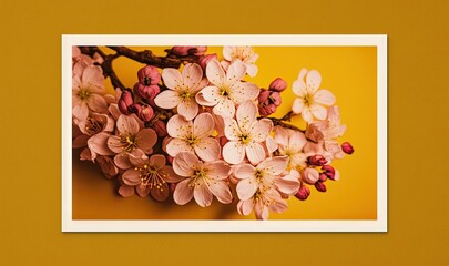 a picture of a branch of a tree with pink flowers on a yellow background with a white border around the picture and a yellow background.  generative ai