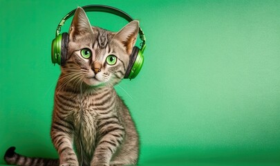  a cat with headphones on sitting on a green background with a green background and a green background behind it is a cat with headphones on.  generative ai