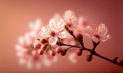  a branch of a flowering tree with pink and white flowers in the foreground and a pink background with a light pink rectangle in the middle.  generative ai