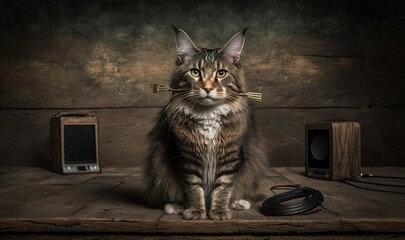  a cat sitting on a table next to a pair of headphones and a speaker on a wooden table with a black cord in front of it.  generative ai