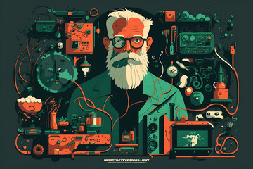 Flat vector illustration  a man with a beard and glasses is surrounded by electronics
