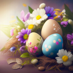 Obraz na płótnie Canvas Easter banner background with Easter decoration eggs and spring flowers. Happy Easter morning. copy space AI generated