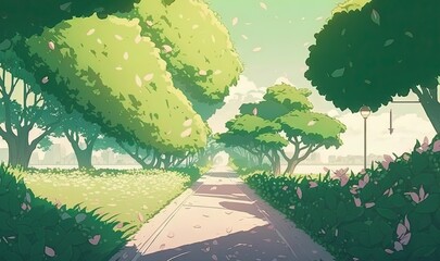  a painting of a tree lined road in the middle of a park with a bench on the side of the road and trees on the other side of the road.  generative ai