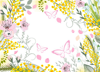 Fototapeta na wymiar Happy women's day greeting card. 8 march women's day poster or banner . Frame with spring flowers. Postcard for text. Vector illustration
