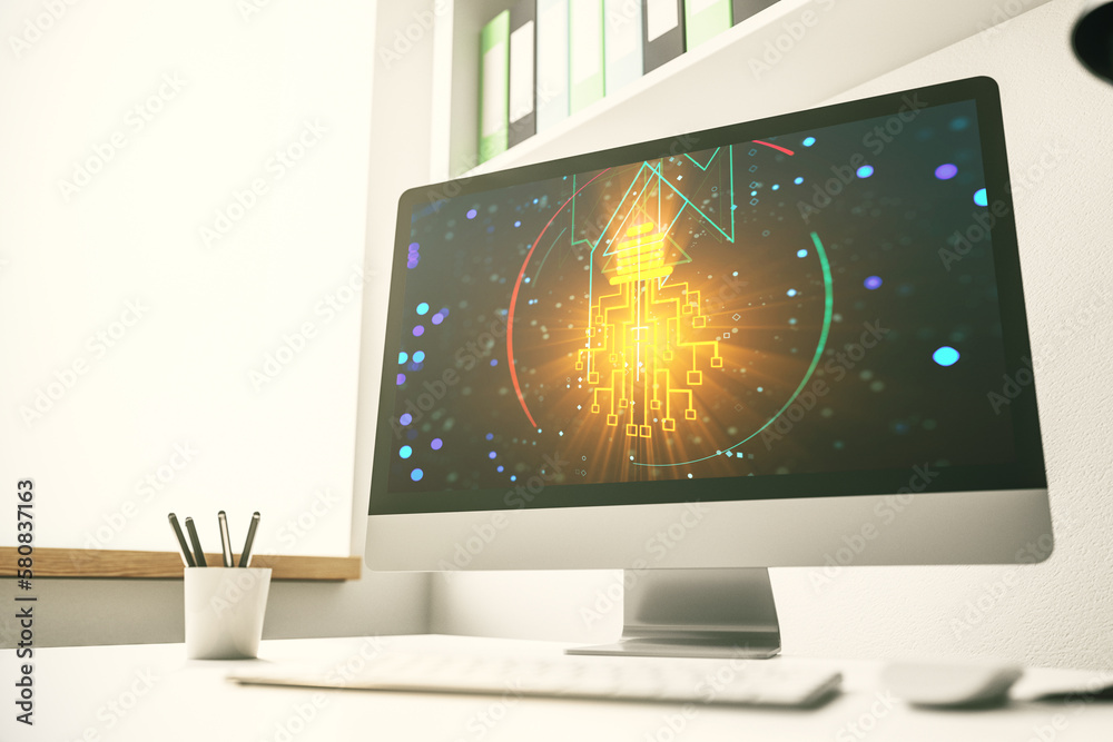 Leinwandbilder modern computer monitor with creative light bulb hologram and chip on laptop background, idea and br