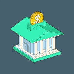 Bank building with money. Online banking, money box, finance, bank transactions, bank service. 3d, isometric vector icon. Cartoon perspective minimal style.