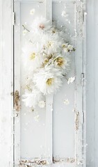  a bunch of white flowers sitting on top of a white door frame in a room with peeling paint and peeling paint on the door frame.  generative ai