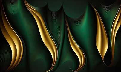  a green and gold abstract background with wavy lines and curves on a dark background with a black background and a gold stripe at the bottom.  generative ai