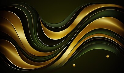  an abstract gold and green background with a wavy pattern on it's side and a drop of gold on the bottom of the image.  generative ai